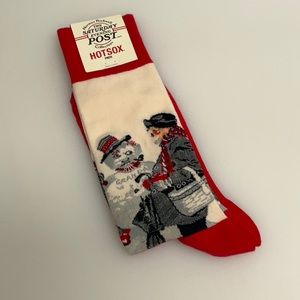 🔥SALE 3/$20 HOTSOX Men’s Socks Norman Rockwell Grandpa Snowman Cream Red + NWT